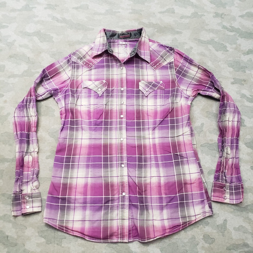 Wrangler Rock 47 Top Womens Medium Purple Western Plaid Pearl Snap Short Sleeve - Picture 1 of 8